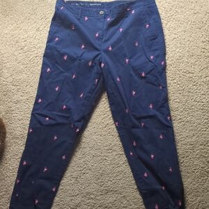 Talbots Navy Pants with Embroidered Flamingos